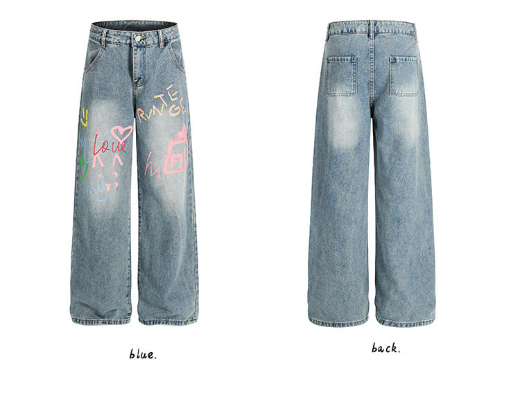 American Graffiti Print Jeans for Women, Trendy Retro Washed Straight Pants, Loose Casual Drape Versatile Casual Pants