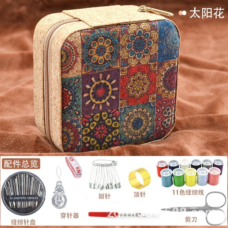 Retro Style Imitation Pu Leather Square Sewing Box Household Sewing and Mending Needle and Thread Set Portable Daily Essential Sewing Kit
