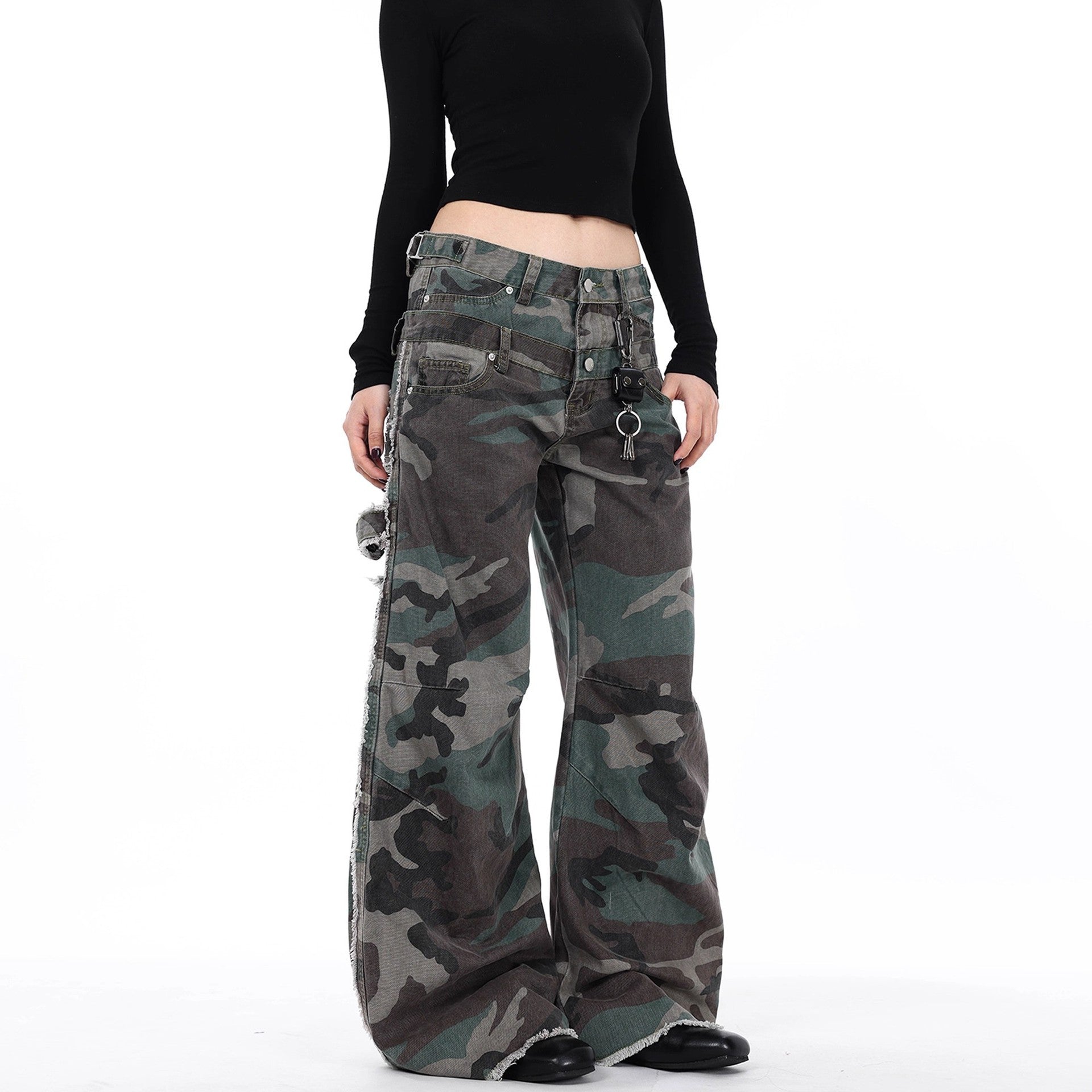 American Retro Design Double Waistband Camouflage Cargo Pants for Men and Women New Deconstructed Loose Wide-Leg Scimitar Jeans