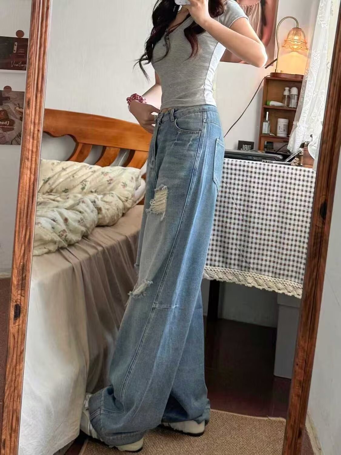 American Style Ripped Jeans for Women, Autumn New Plus-Size High-Waisted Pear-Shaped Figure Slimming Loose Wide-Leg Pants