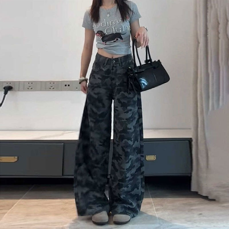 American-Style Plus-Size Camouflage Wide-Leg Jeans for Women, Designed for Petite Pear-Shaped Figures, Loose Casual Straight-Leg Pants