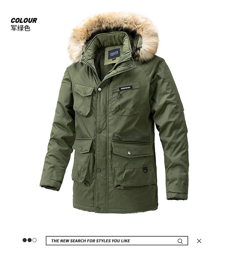 Autumn and winter new men's windbreaker Korean slim fit mid-length thick hooded coat plus size casual men's trendy