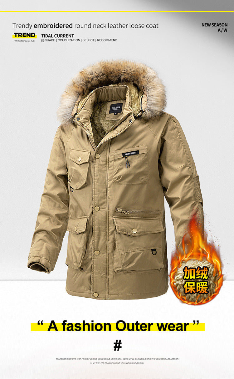 Autumn and winter new men's windbreaker Korean slim fit mid-length thick hooded coat plus size casual men's trendy