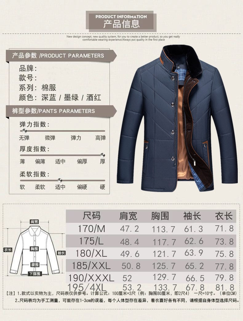 Cross-border 2024 winter father's warm casual cotton-padded jacket stand collar thickened middle-aged and elderly fashion cotton-padded casual coat