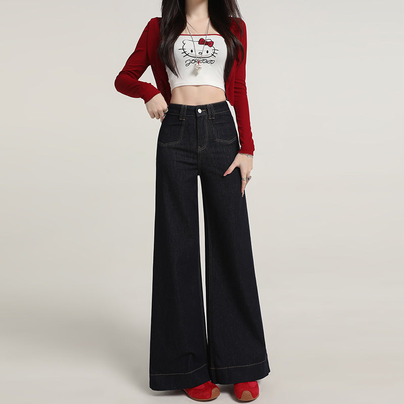 Retro American Style Denim Blue Flared Jeans for Women 2025 Autumn New Slimming Versatile Bootcut Pants