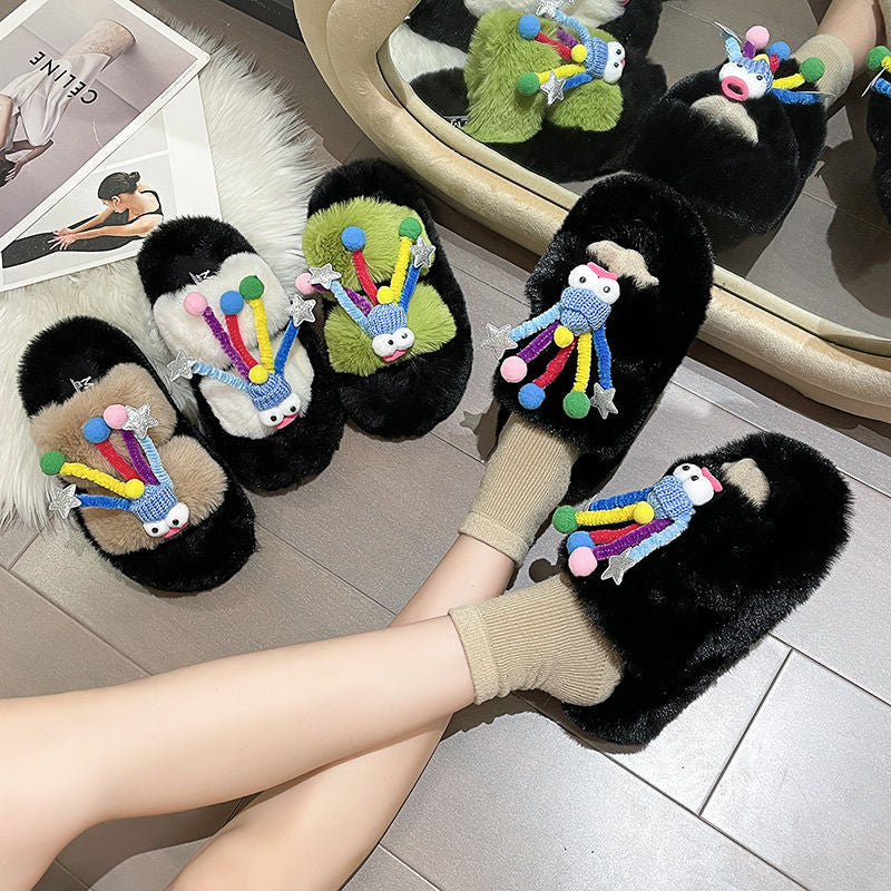 Mao Mao Slippers Women's Outer Wear Autumn and Winter Cute Clown Super Fire Warm Thick Bottom Non-slip Plush Height-increasing Cotton Slippers for Women