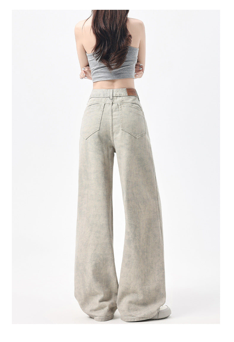 2025 Autumn American Tie-Dye Printed High Waist Loose Jeans Women's New Niche Design Straight-Leg Leg Wide Leg Pants Women