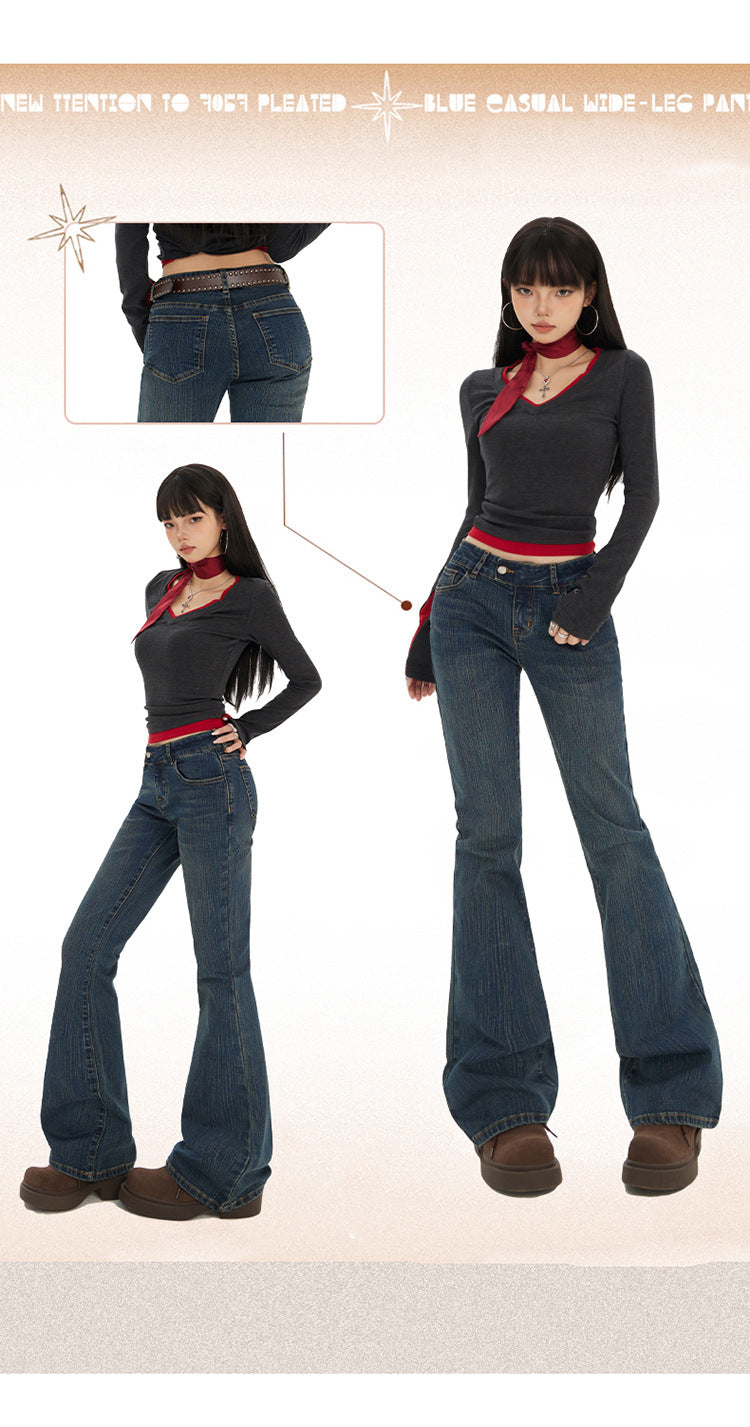 American Hot Girl Low-Waist Bootcut Jeans for Women 2025 Autum New Slim Fit Elastic Slimming Look Horseshoe Flared Pants