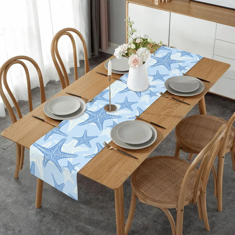 Cross-border New Blue Bottom Starfish Table Runner Linen Printed Kitchen Dining Table Tablecloth Home Fabric Tablecloth Cushion Coffee Table Meal