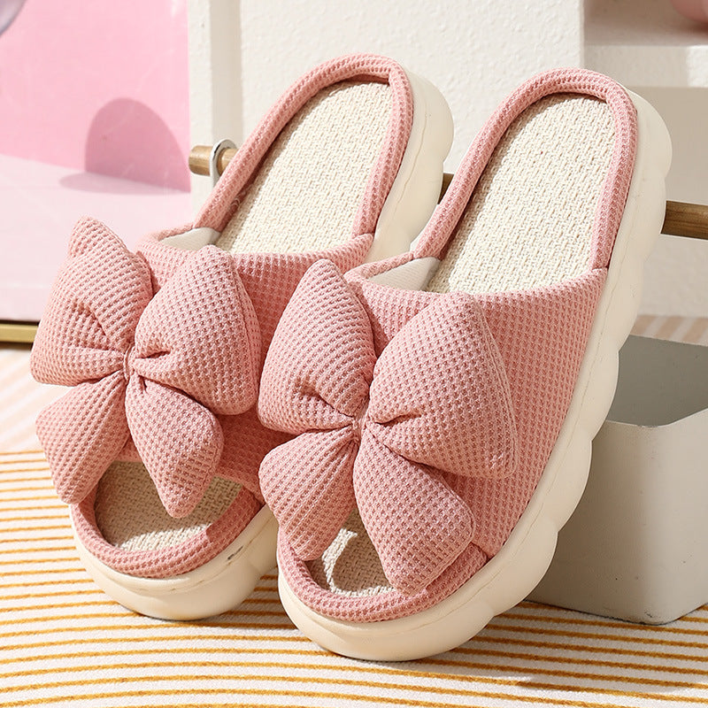 Cross-Border Foreign Trade Bow-Knot Linen Slippers for Women, Summer Home Breathable Non-Slip Comfortable Casual Indoor Thick-Soled Linen Slippers for Women