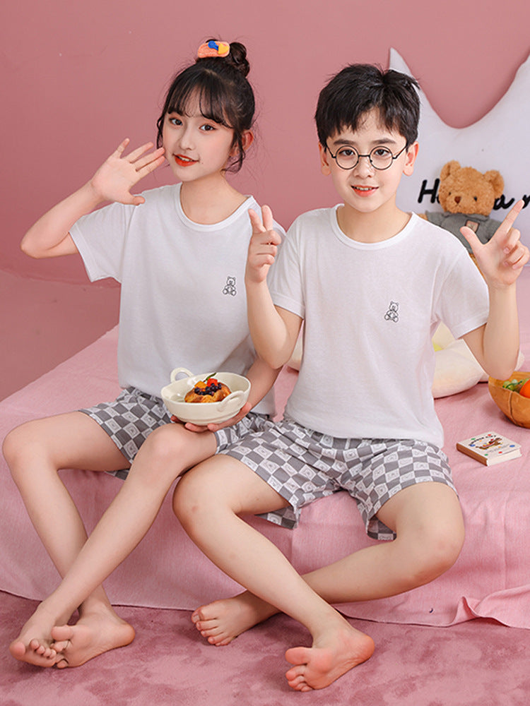 Children's Pajamas, Pure Cotton, Summer Short-Sleeved Shorts Set for Boys, Home Clothes for Girls, Air-Conditioned Clothes for Middle-Aged and Older Boys
