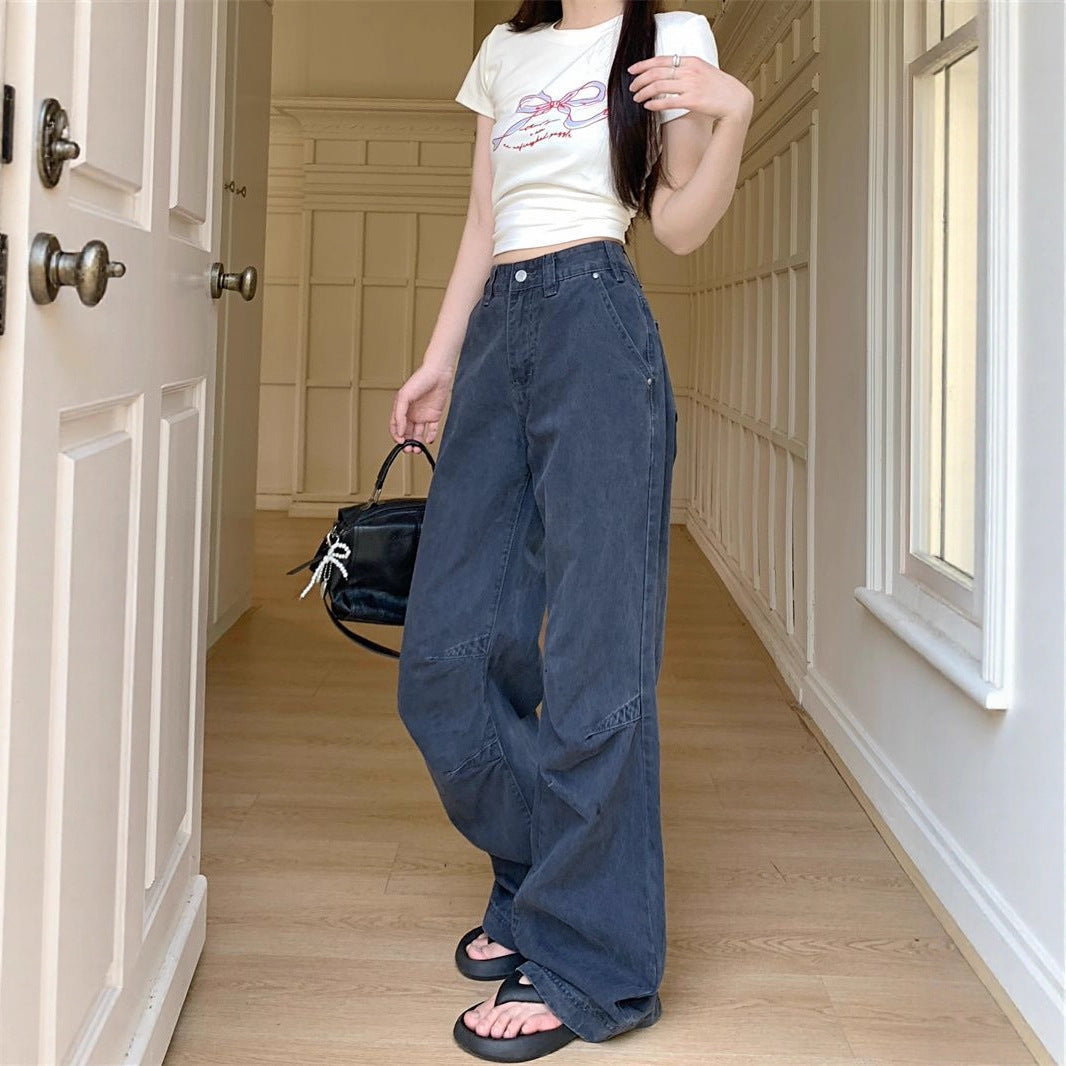 American Retro Design Workwear Jeans for Women New High Street Personalized Pleated Loose Straight Casual Pants