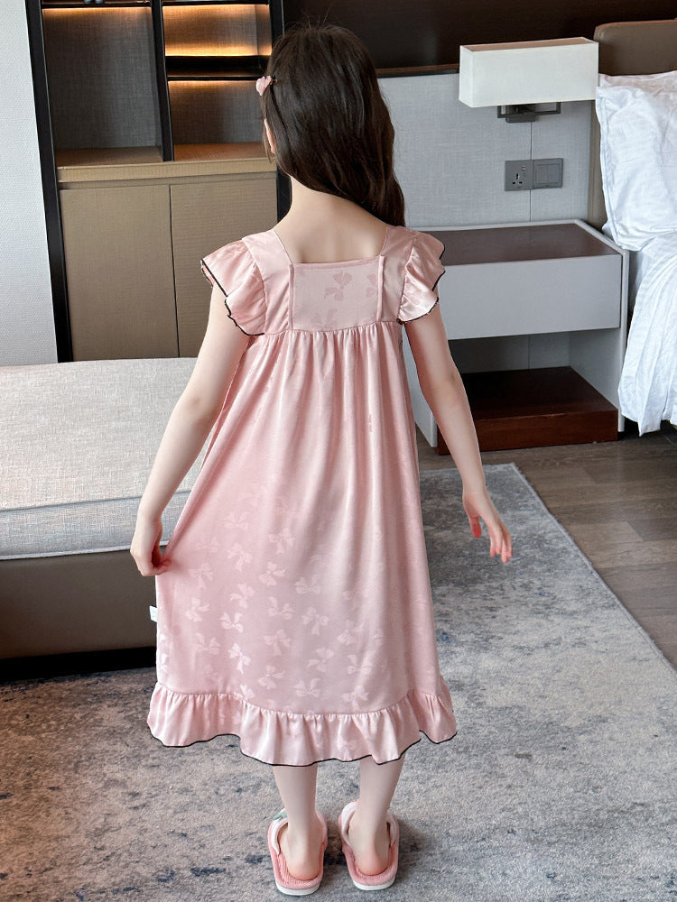 Girls' Summer Ice Silk Jacquard Butterfly Nightgown 2025 New Western Style Children's Thin Pajamas Large Children's Home Clothes