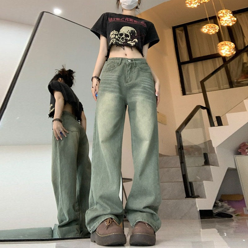 2025 Spring and Autumn Retro American High Waist Slim Straight-Leg Jeans Fashion Women's Loose Floor-Length Wide Leg Long Pants