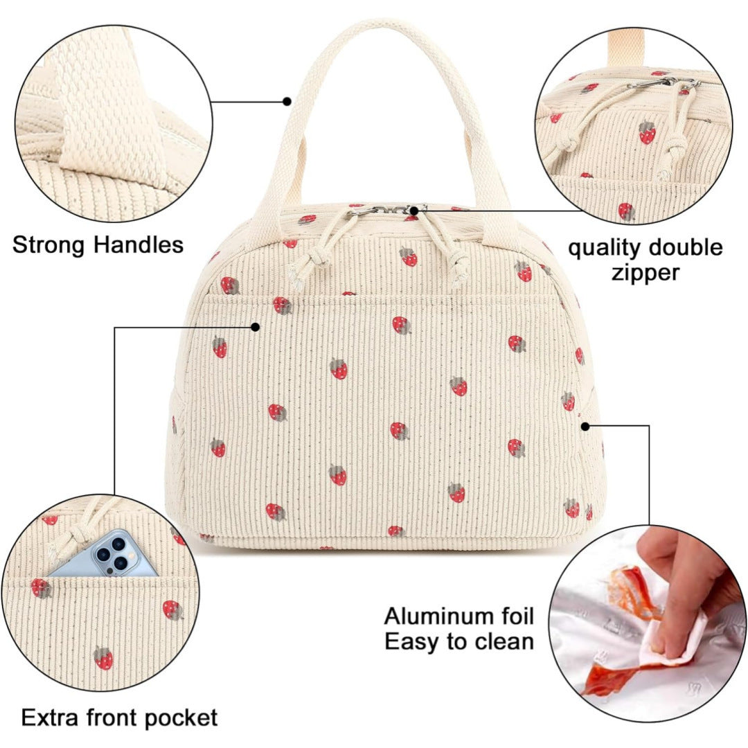 Cross-Border New Product Corduroy Printed Portable Lunch Bag Large Capacity Travel Picnic Ice Bag Work Insulation Bag