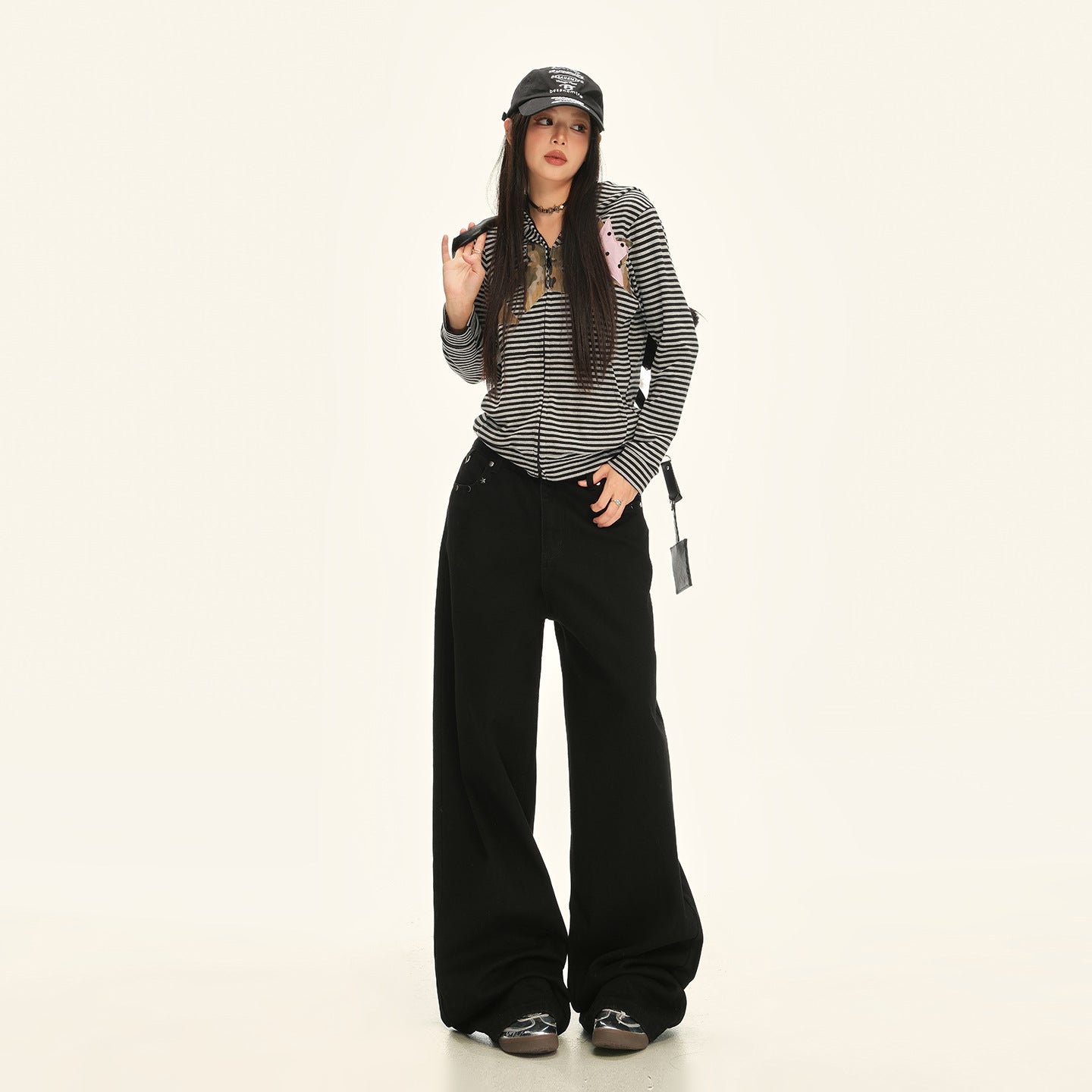American Retro Pocket Design Black High-Waisted Wide-Leg Pants for Women, New Autumn Loose Drape Slimming Jeans for Women