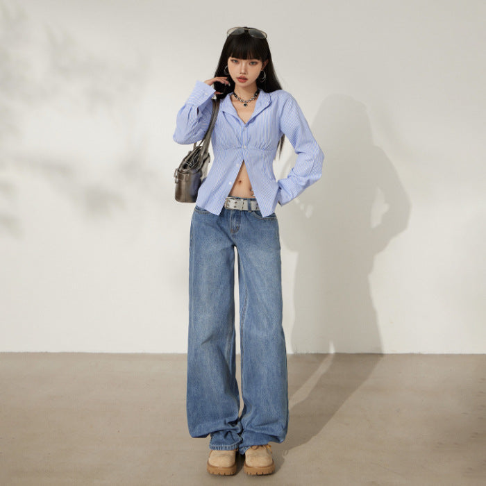 Retro Washed Wide-Leg Jeans for Women, Autumn New Low-Waist Straight Loose Design, Slimming Floor-Length Pants