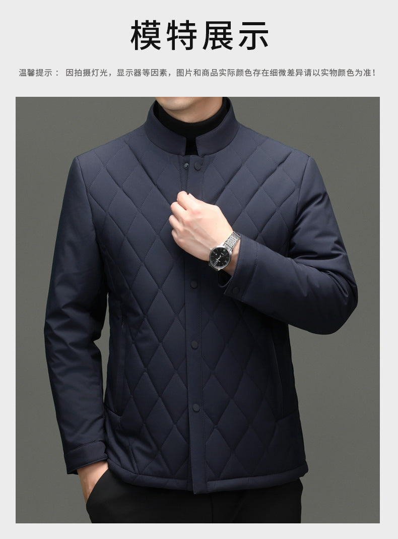 Men's Stand Collar Diamond Pattern Cotton Jacket Autumn and Winter Business Casual Warm Jacket Young and Middle-Aged Fashion Single-Breasted Top