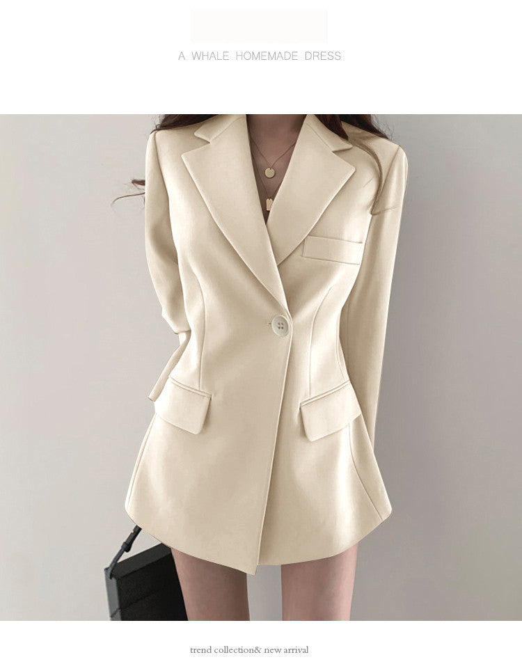 khaki Suit Jacket Women's Spring and Autumn Korean-style Ins Hong Kong-style Retro Top Tight Waist Slimming Mid-length Small Suit