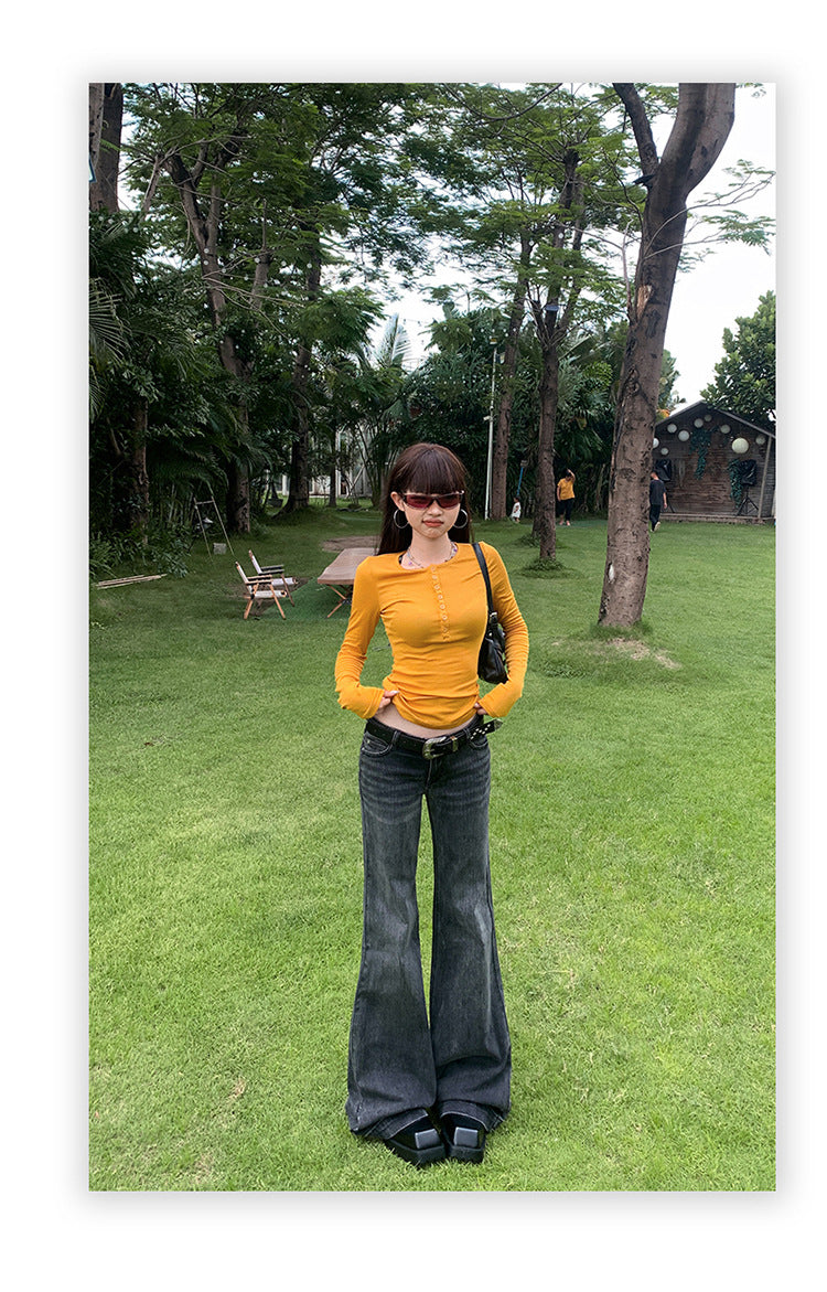 American Style Black and Gray Low-Waist Bootcut Jeans for Women 2025 Autumn and Winter New Sexy Elastic Slimming Look Versatile Bell-Bottom Pants