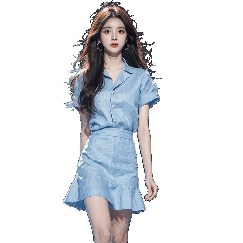 Foreign trade women's clothing age-reducing foreign-style fashion this year popular beautiful small fragrant style professional blue top skirt two pieces