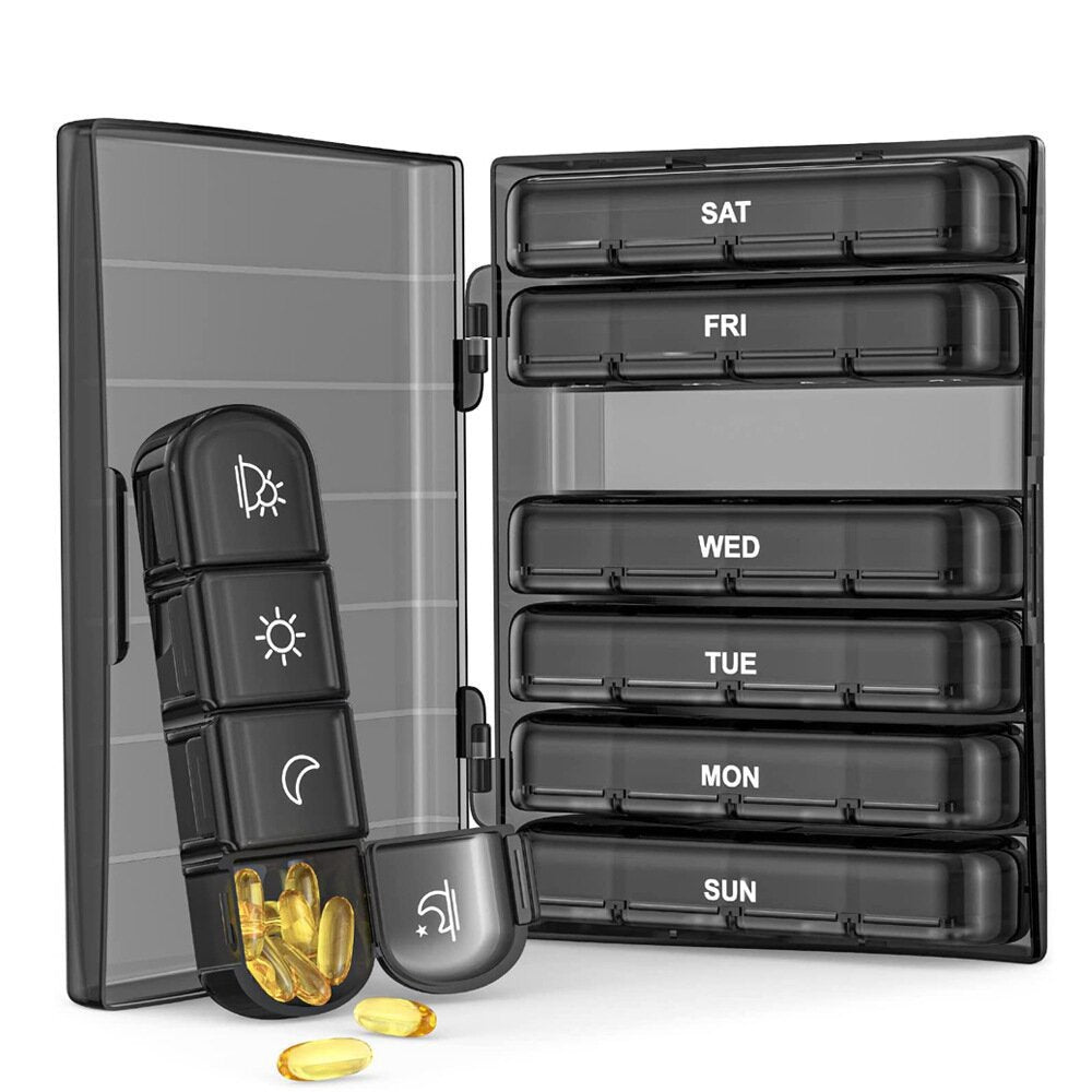 Amazon Seven Days a Week 21-Compartment Black Portable Medicine Box Classification Box for the Elderly to Carry Medicine Box
