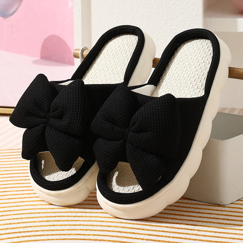 Cross-Border Foreign Trade Bow-Knot Linen Slippers for Women, Summer Home Breathable Non-Slip Comfortable Casual Indoor Thick-Soled Linen Slippers for Women
