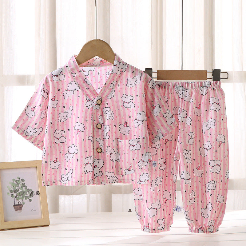 Children's Home Clothes Cotton Silk Suit Summer Boys and Girls Pajamas Artificial Cotton Two-Piece Set Cotton Silk Air-Conditioned Clothes Kidsren's Clothing