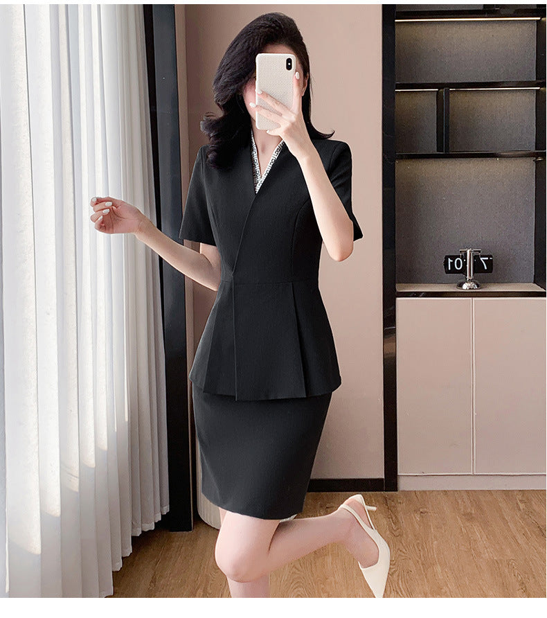 Blue Suit Jacket Women's Spring and Summer Short-sleeved Jewelry Store Front Desk Business Dress Dress Waist Tight Beauty Salon Suit suit