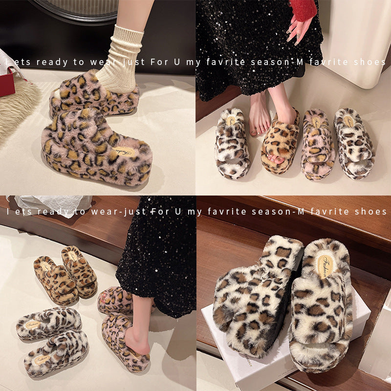 Leopard Print Thick-Soled Furry Slippers for Women's Outer Wear 2025 Autumn and Winter New Internet Celebrity Hot Style Fashion Versatile Non-Slip Cotton Slippers