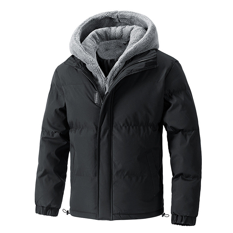 2025 Winter New Cross-Border Men's Cotton Jacket, Faux Two-Piece Solid Color Design with Fleece Lining and Thickened Polar Fleece Cotton Coat