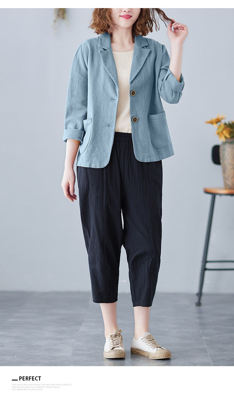 2025 Real Shot of New Cotton and Linen Retro Literary Loose Versatile Casual Long-Sleeved Button-Down Small Suit Short Jacket for Women