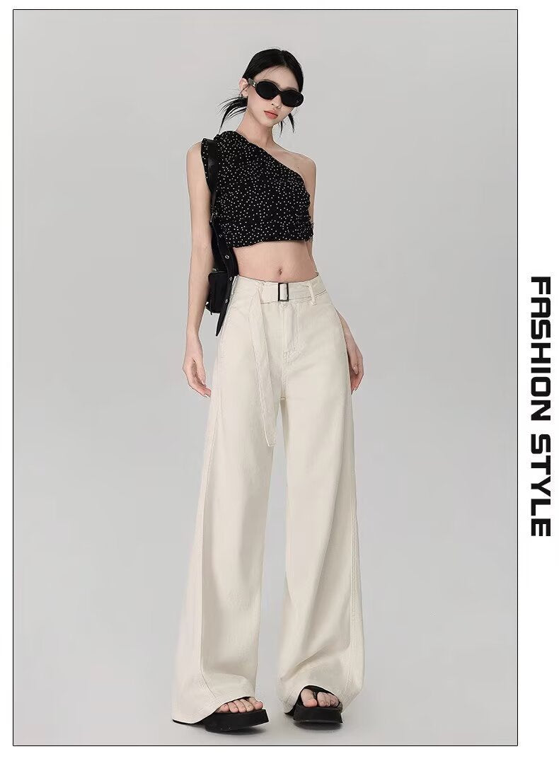 Off-White Wide-Leg Micro-Flared Jeans for Women 2025 Summer New Style Belt Draped Loose Straight White Pants
