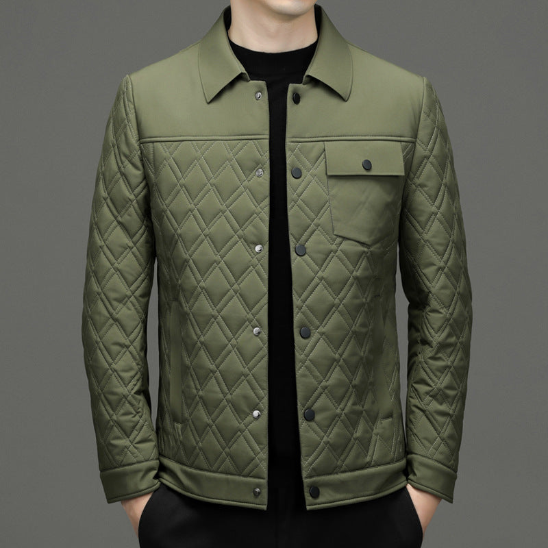 High-end men's mulberry silk cotton-padded coat business casual plaid middle-aged lightweight cotton-padded jacket autumn and winter men's lapel cotton-padded coat