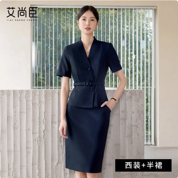 Summer New Design V-Neck Professional Women's Skirt Suit in Gray-Green, Slim-Fit and Flattering, Suitable for Reception and Work Attire