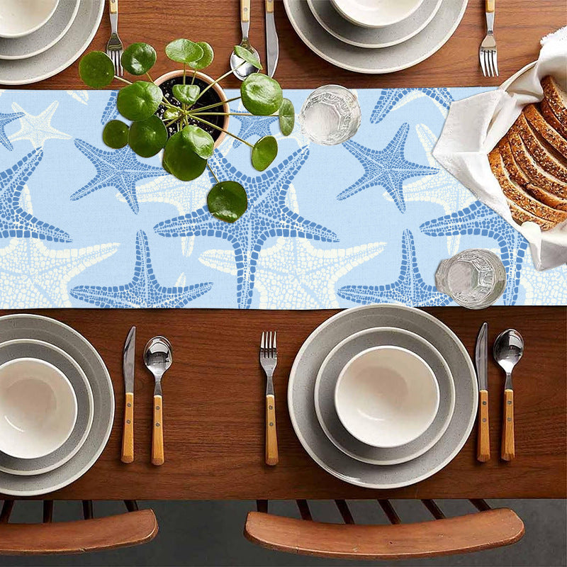 Cross-border New Blue Bottom Starfish Table Runner Linen Printed Kitchen Dining Table Tablecloth Home Fabric Tablecloth Cushion Coffee Table Meal