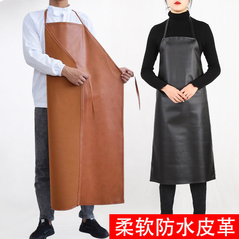 Leather Waterproof Apron Oil-proof Kitchen Neck PU Household Adult Barbecue Leather Bib for Men and Women Lengthened Thickened Bib