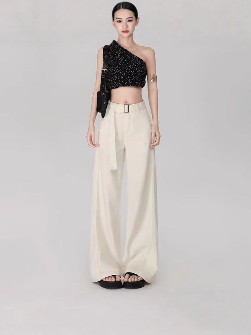 Off-White Wide-Leg Micro-Flared Jeans for Women 2025 Summer New Style Belt Draped Loose Straight White Pants
