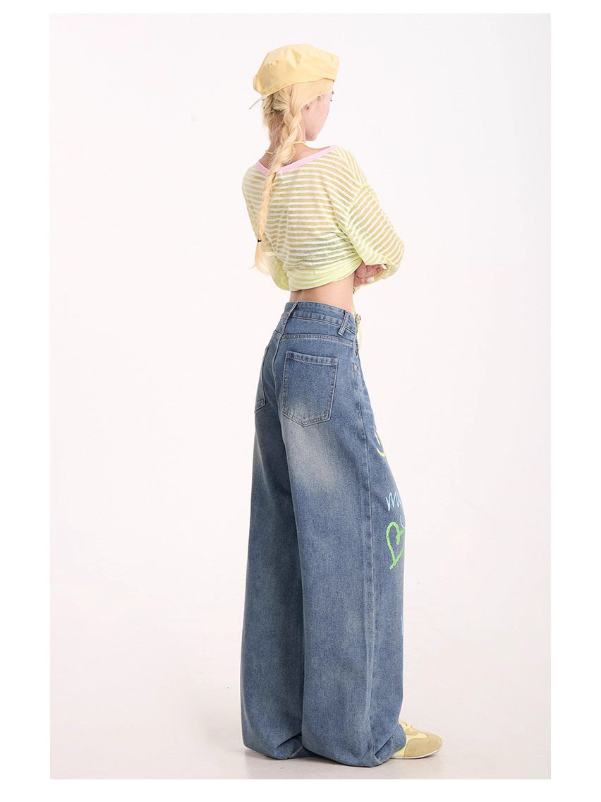 American Graffiti Print Jeans for Women, Trendy Retro Washed Straight Pants, Loose Casual Drape Versatile Casual Pants