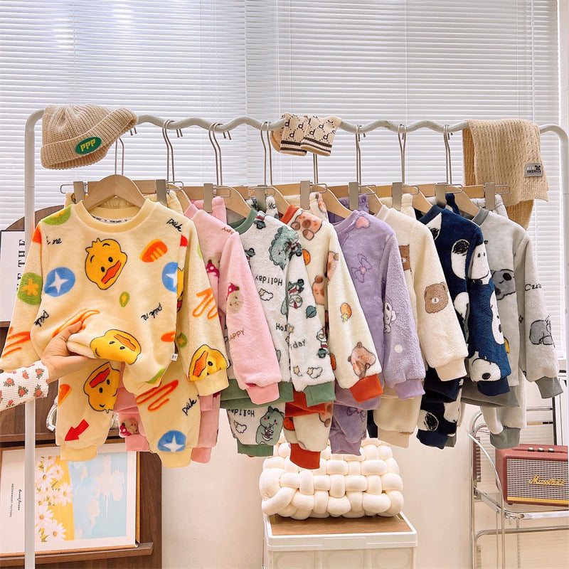 Men's and Women's Flannel Pajamas suit Autumn and Winter Middle and Big Children's Warm fleece-lined Thickened Autumn Clothes and Pants Home Clothes