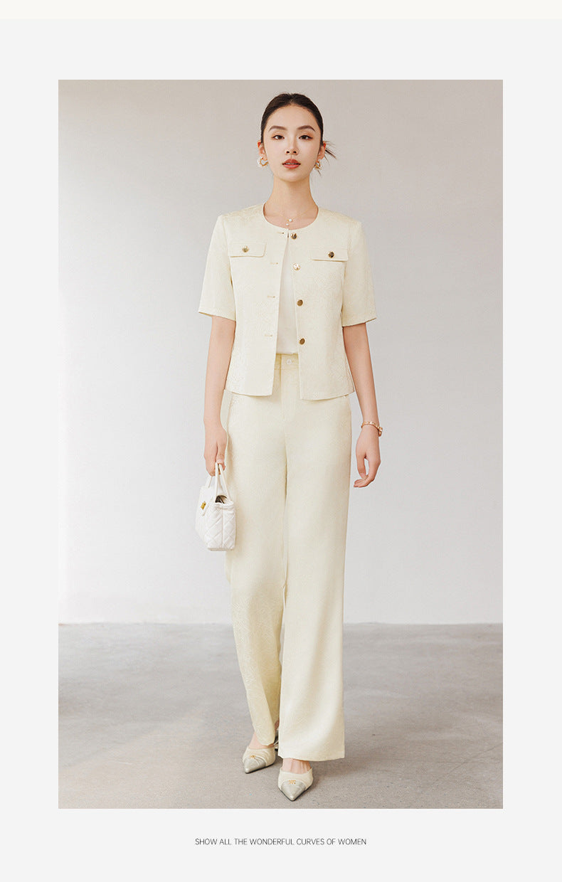 Summer Suit for Women, Thin, High-End, Professional, Fashionable, Short-Sleeved Suit, Wide-Leg Pants Two-Piece Set