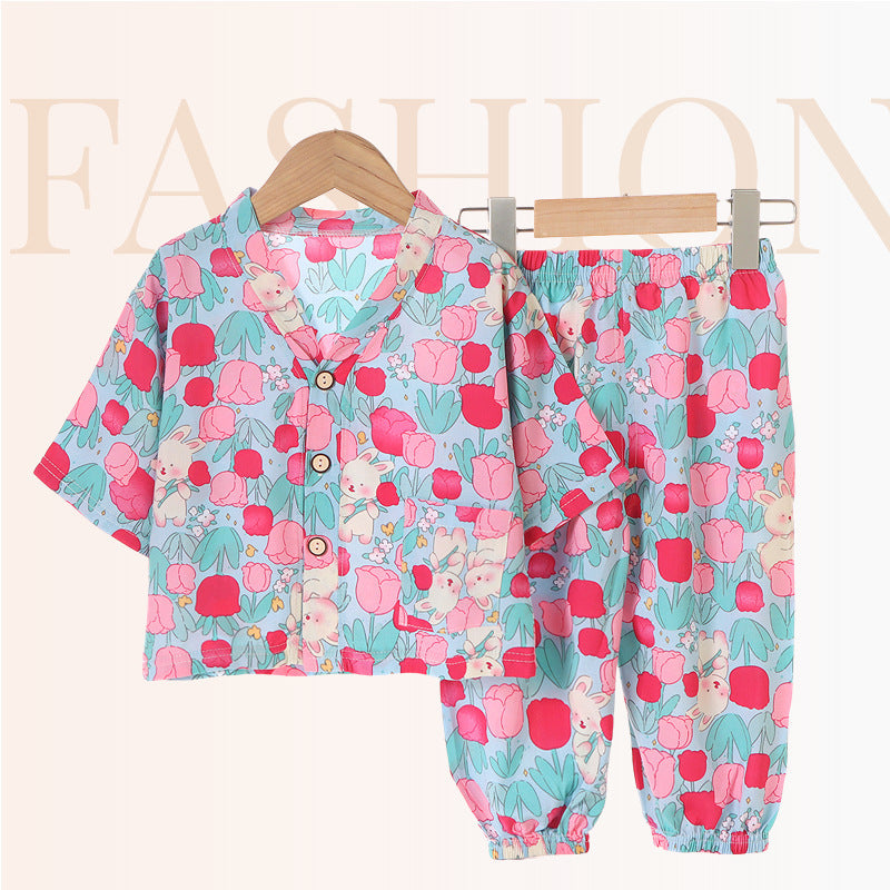 Children's Home Clothes Cotton Silk Suit Summer Boys and Girls Pajamas Artificial Cotton Two-Piece Set Cotton Silk Air-Conditioned Clothes Kidsren's Clothing