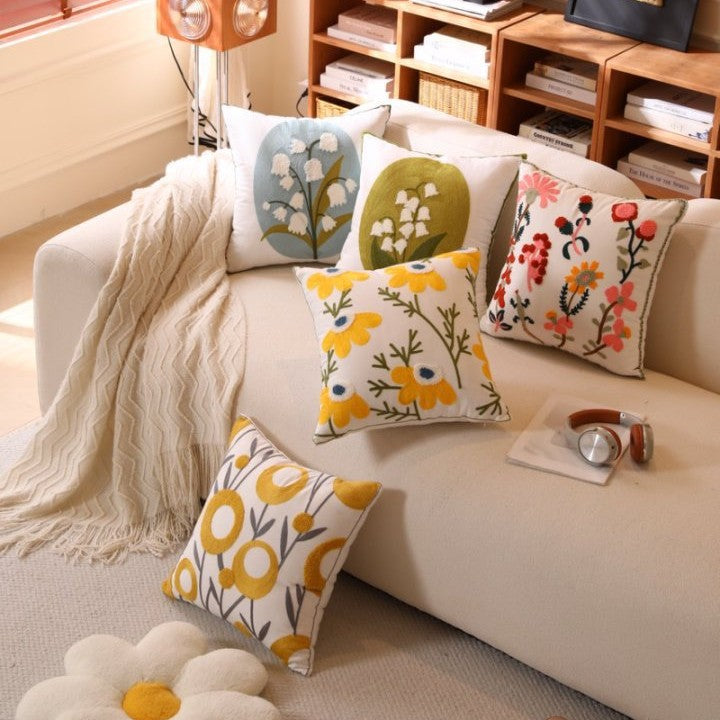 Nordic Towel Embroidered Embroidered Embroidered Pillow Living Room Cream Sofa Cushion Flower Model Room Bay Window Cushion Cover