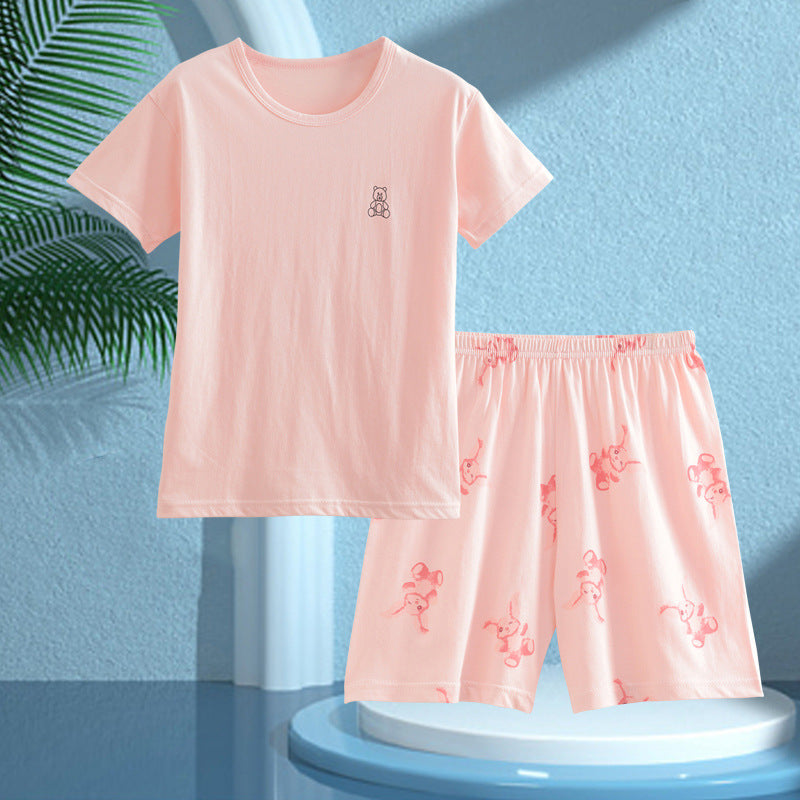 Children's Pajamas, Pure Cotton, Summer Short-Sleeved Shorts Set for Boys, Home Clothes for Girls, Air-Conditioned Clothes for Middle-Aged and Older Boys