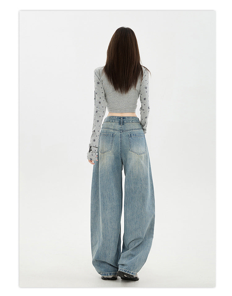 Raccoon House # American Retro Design Embroidered Jeans for Women 2025 Autumn New High-Waisted Loose Wide-Leg Pants Trendy