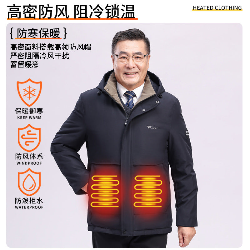 Factory Direct Supply Rechargeable Heated Cotton Jacket for Men, Fleece-Lined Thickened Hooded Coat, Middle-Aged and Elderly Warm Parka