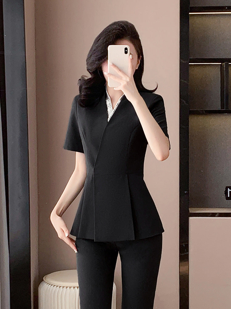 Blue Suit Jacket Women's Spring and Summer Short-sleeved Jewelry Store Front Desk Business Dress Dress Waist Tight Beauty Salon Suit suit