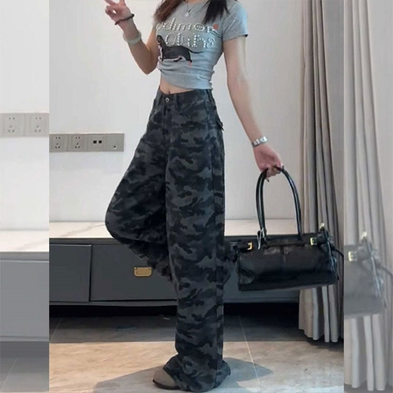 American-Style Plus-Size Camouflage Wide-Leg Jeans for Women, Designed for Petite Pear-Shaped Figures, Loose Casual Straight-Leg Pants