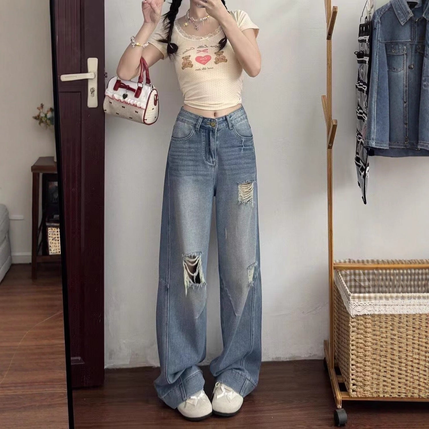 American Style Ripped Jeans for Women, Autumn New Plus-Size High-Waisted Pear-Shaped Figure Slimming Loose Wide-Leg Pants