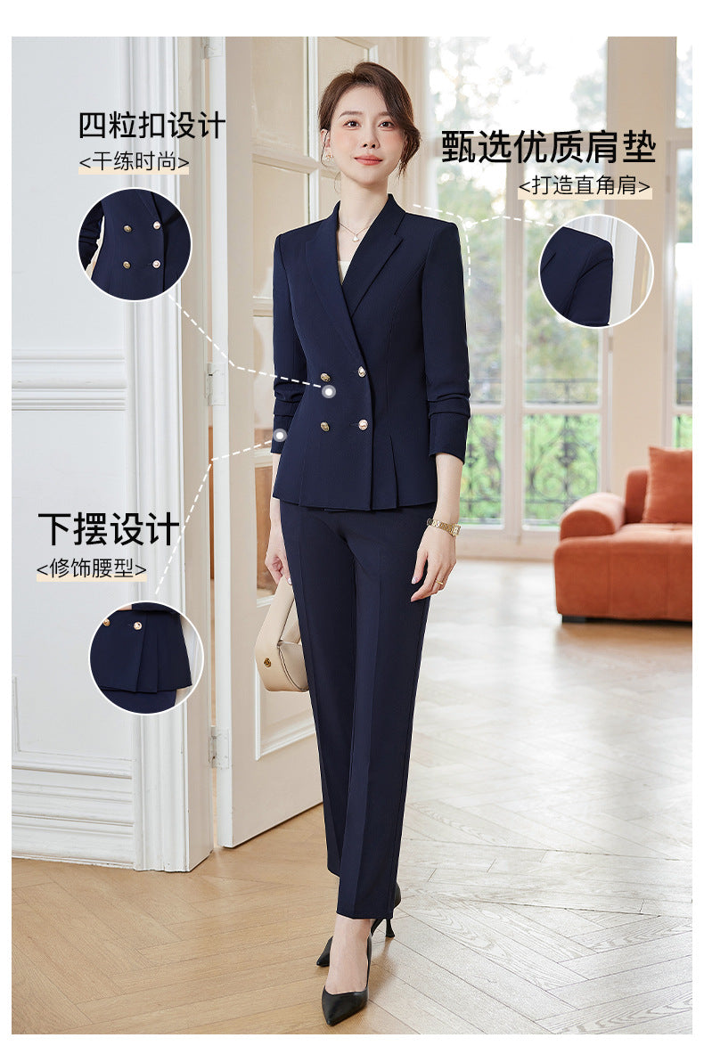 Cross-Border High-End Professional Women's Navy Blue Suit, New Spring and Autumn Style, Elegant Suit Set, Formal Attire for Hotel Sales Managers